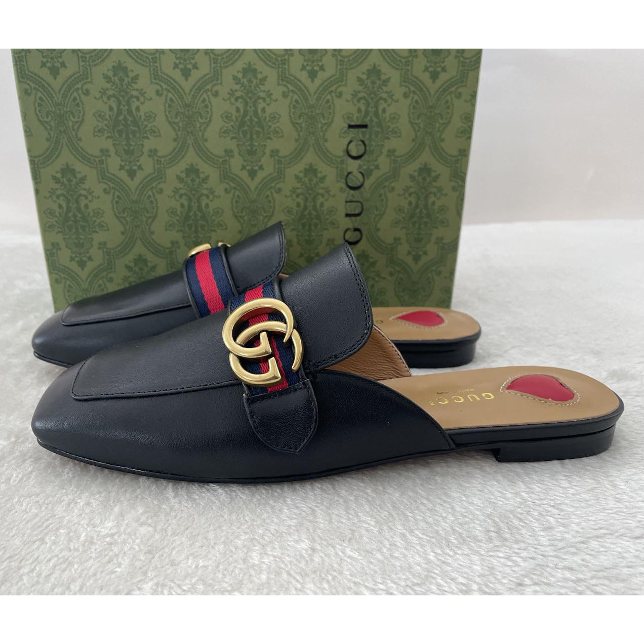 Gucci Princetown Leather Black Slipper With Double G - DesignerGu