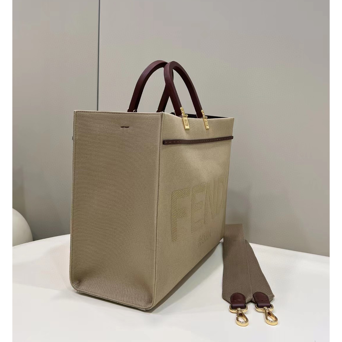 Fendi Sunshine Medium Beige Canvas Bag(35-31-17cm) - 