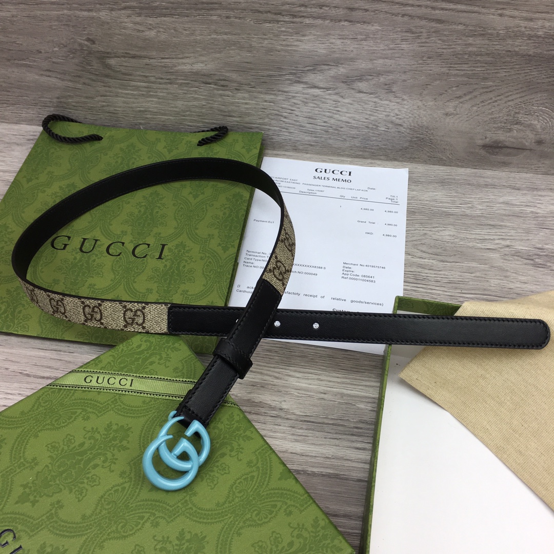 Gucci  Leather Belt With Double G Buckle  (2cm) - 