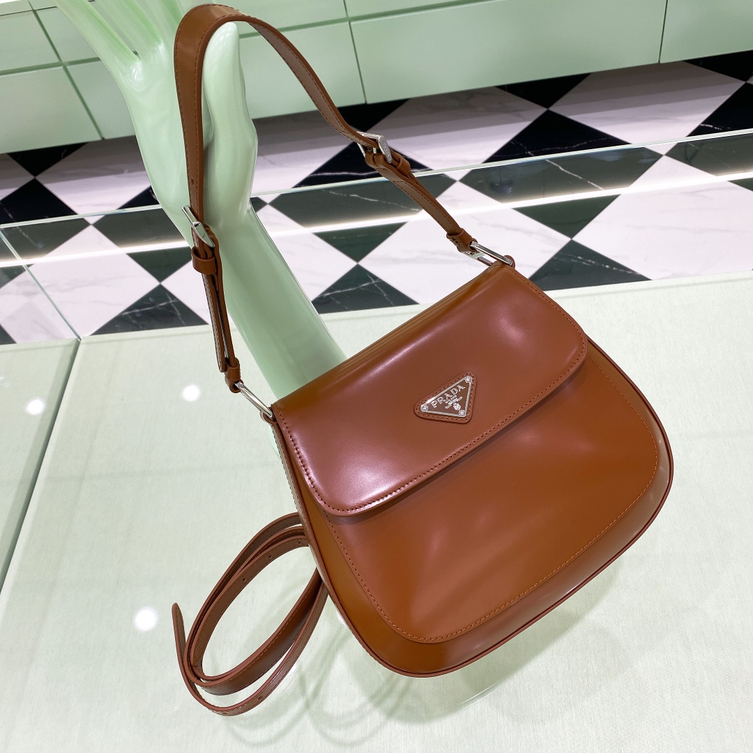 Prada Cleo Brushed Leather Shoulder Bag In Brown(24-19-6cm)   1BD303 - DesignerGu