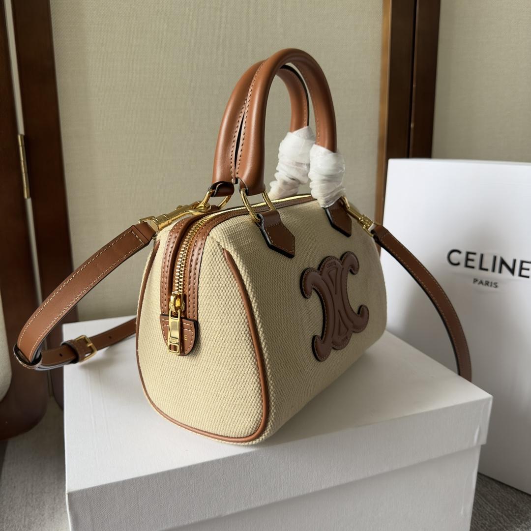 Celine Small Boston Cuir Triomphe In Textile And Calfskin Natural/Tan - 