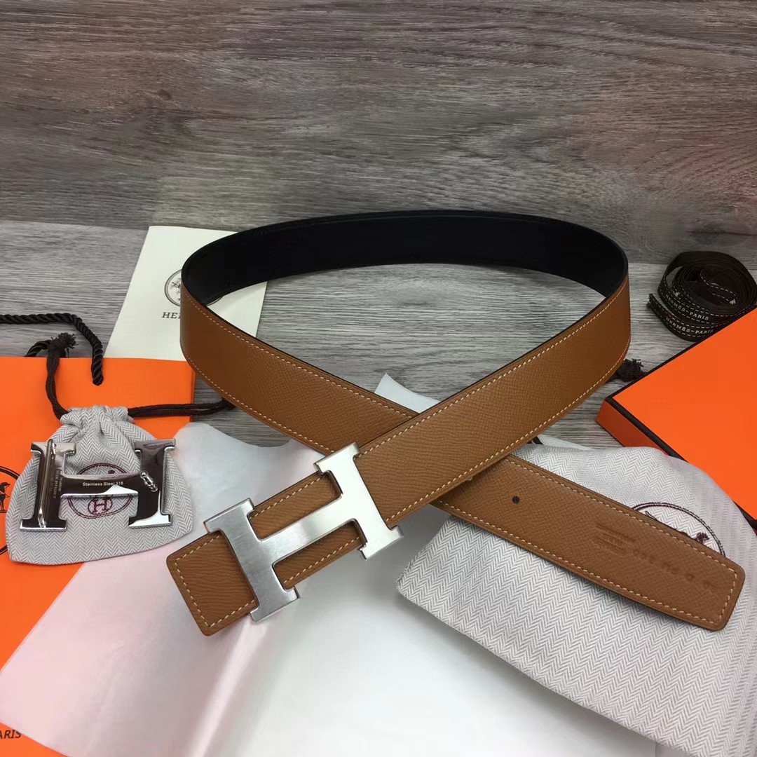 Hermes Brown Leather H Buckle Belt - 