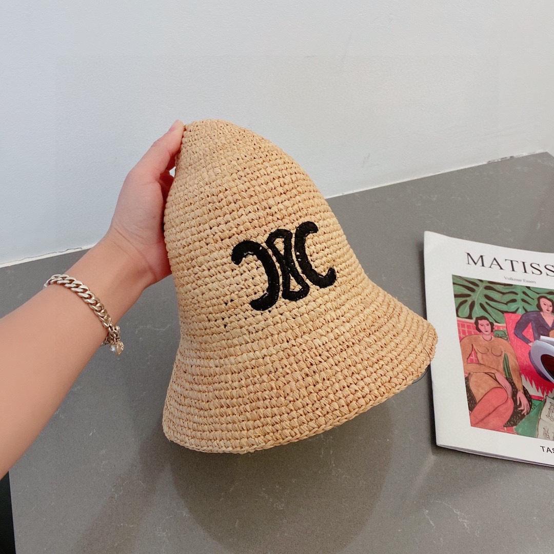Celine Triomphe Hat In Raphia Natural / Black - 