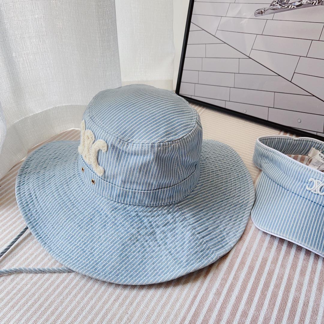 Celine  Walking Hat In Striped Cotton Indigo/ White - 
