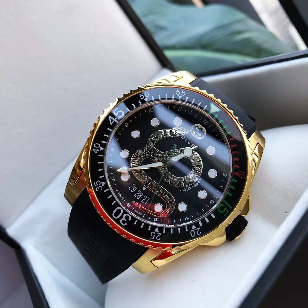 Gucci Dive Gold Tone Black Dial Rubber Strap Men's Watch - 