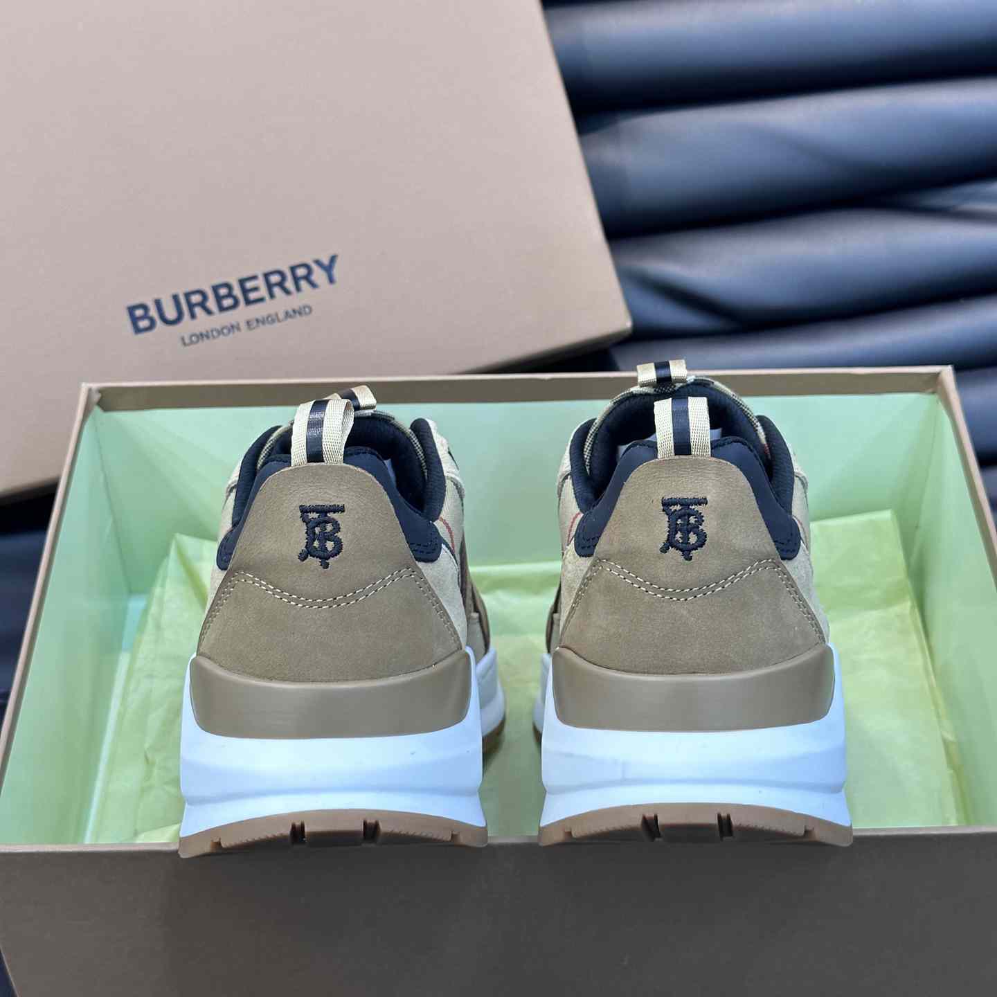 Burberry Beige Leather And Check Print Trainer - 