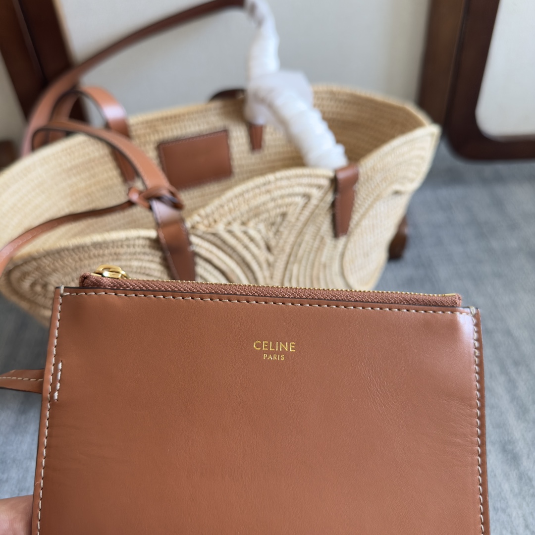 Celine Classic Panier Small Braided Triomphe In Raffia And Calfskin - 