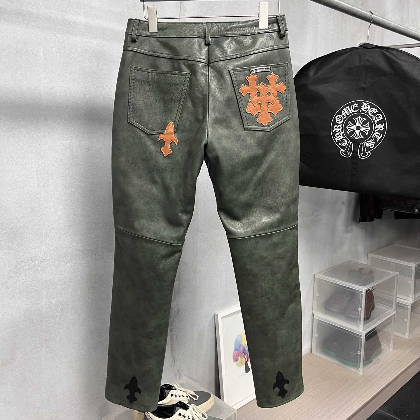 Chrome Heart Leather Cross Jeans - 