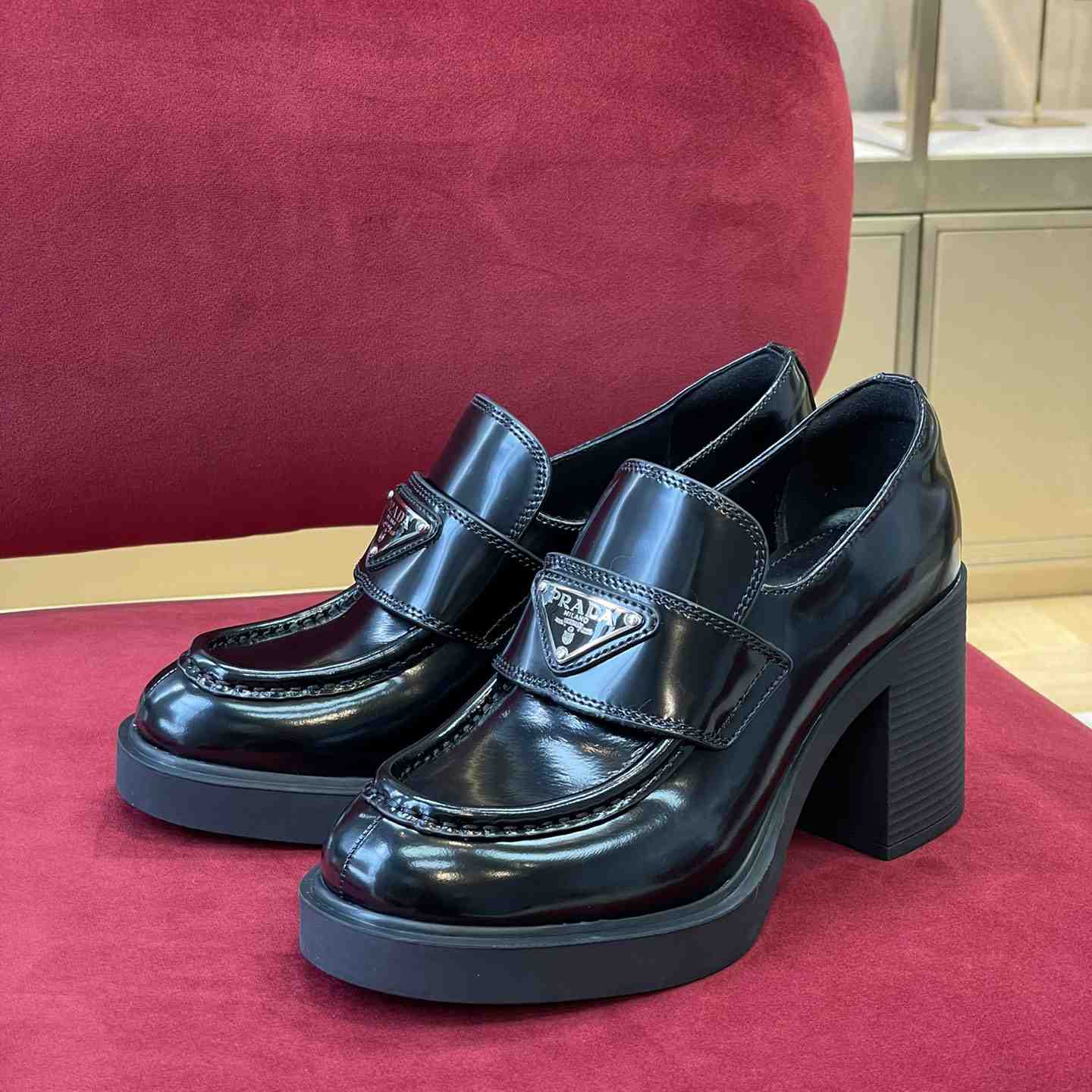 Prada Chocolate High-Heeled Brushed Leather Loafers   - DesignerGu
