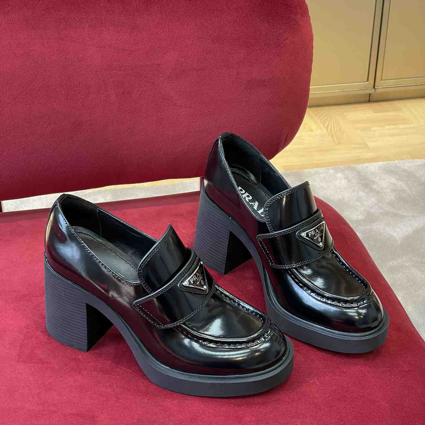 Prada Chocolate High-Heeled Brushed Leather Loafers   - 