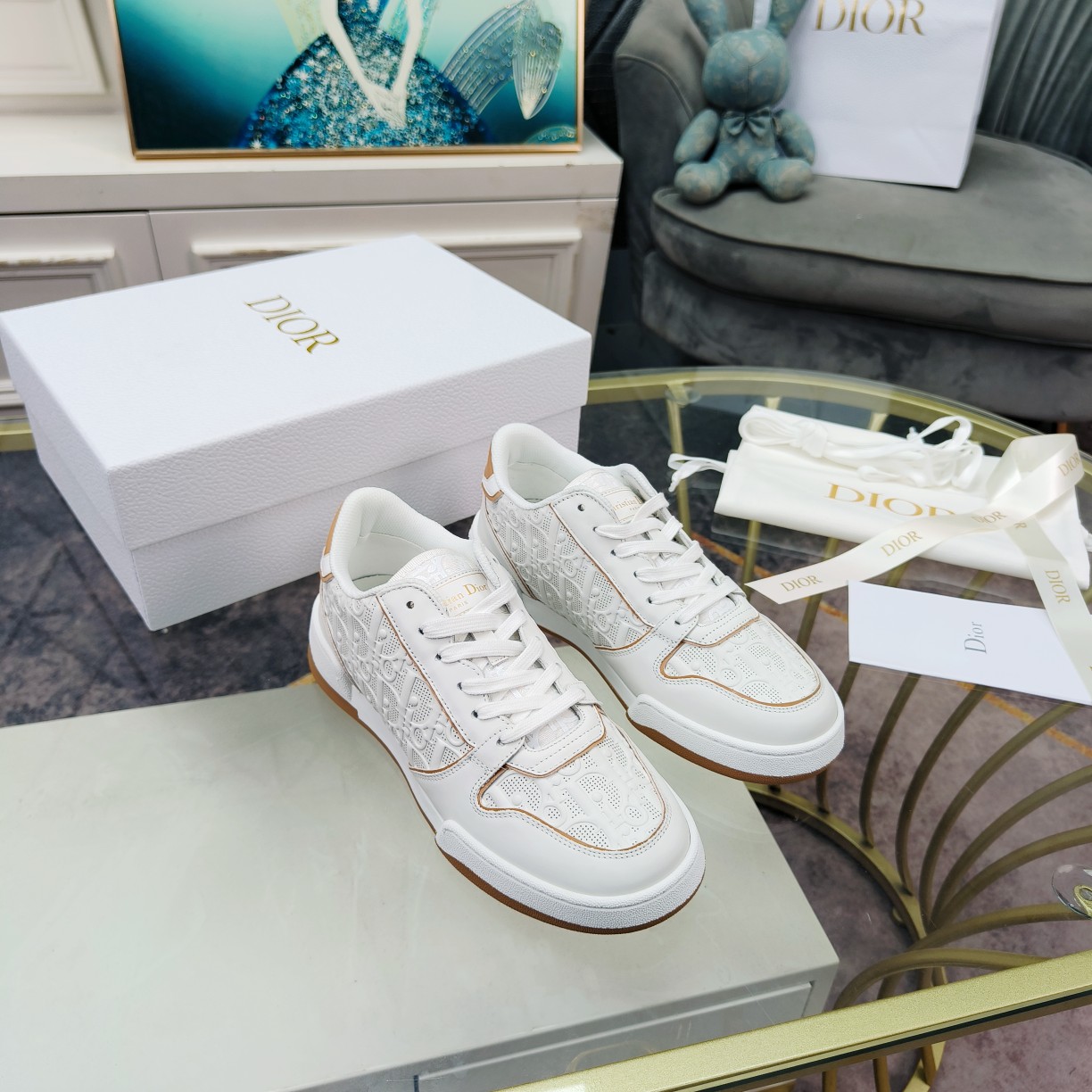 Dior One White and Nude Dior Oblique Perforated Calfskin Sneaker  - 