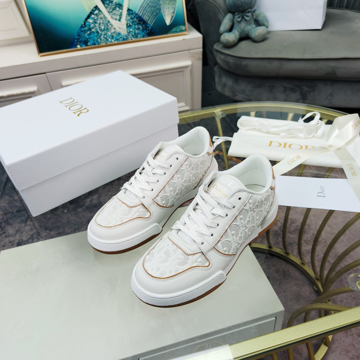 Dior One White and Nude Dior Oblique Perforated Calfskin Sneaker  - 