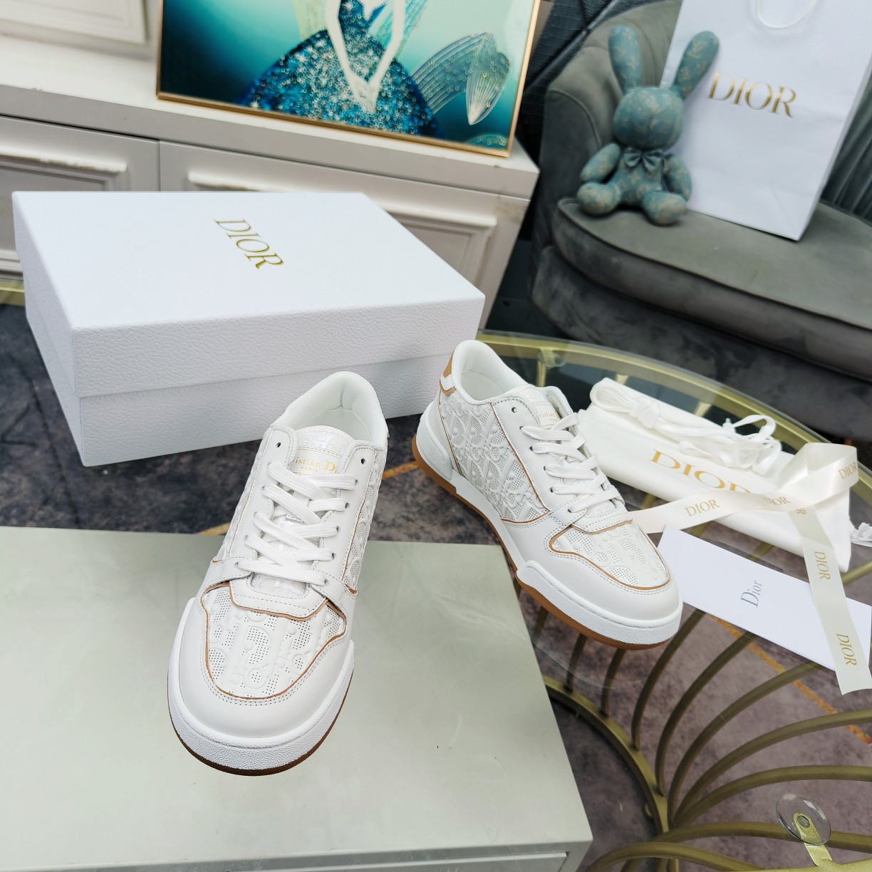 Dior One White and Nude Dior Oblique Perforated Calfskin Sneaker  - 
