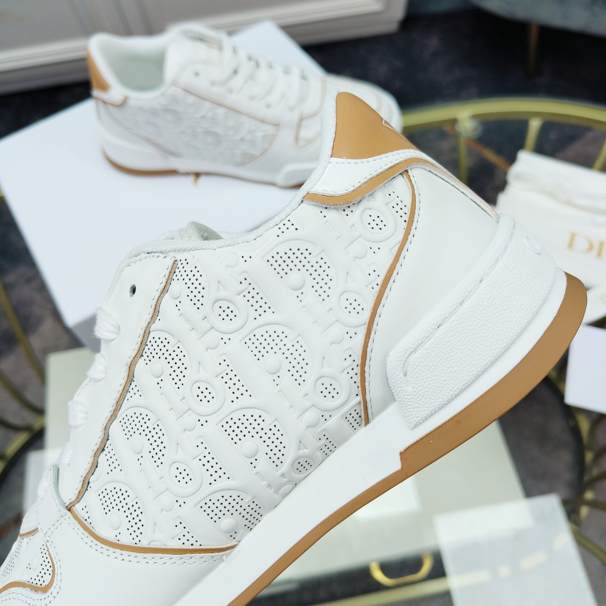 Dior One White and Nude Dior Oblique Perforated Calfskin Sneaker  - 