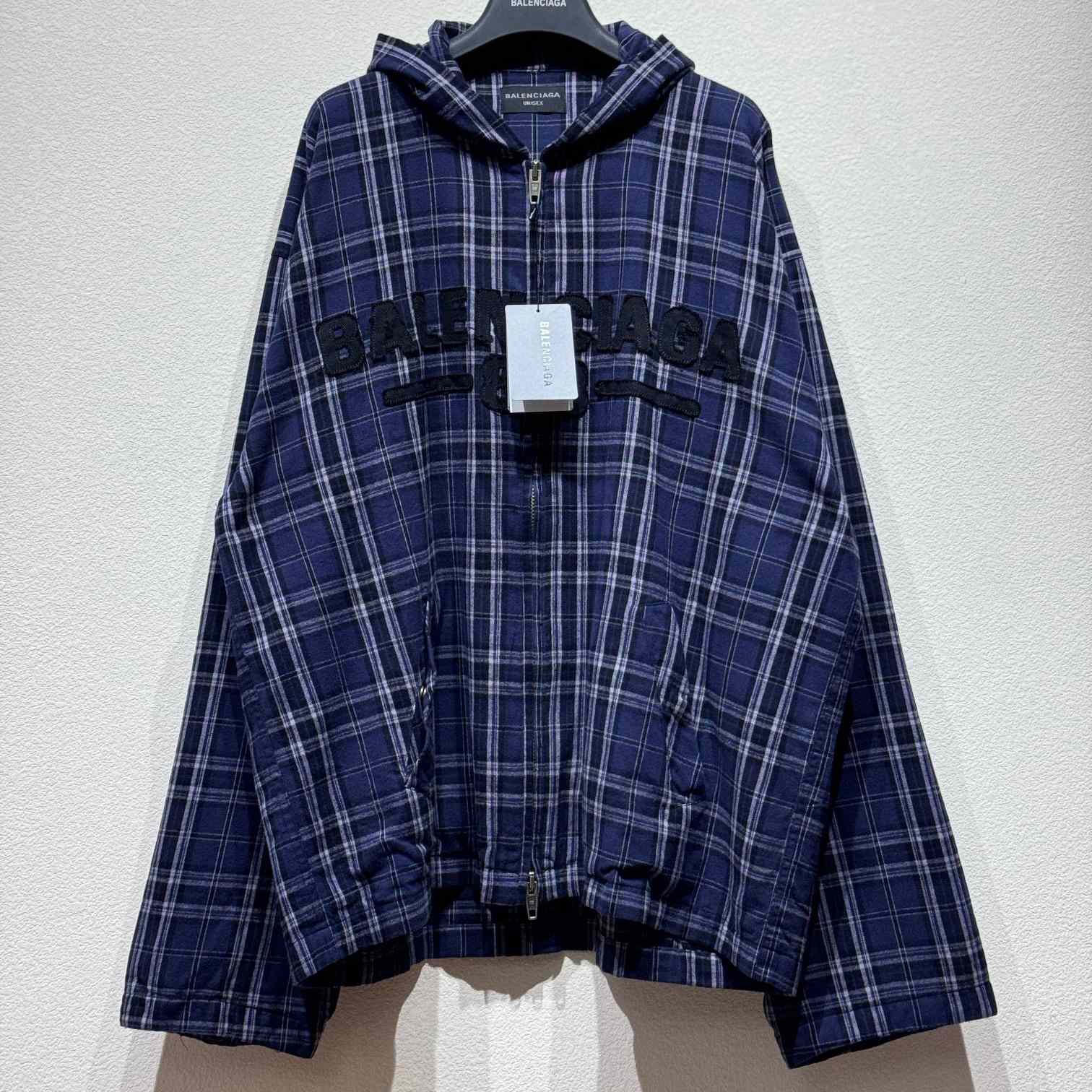 Balenciaga BB Center Logo Blue Check Hood Jacket - DesignerGu