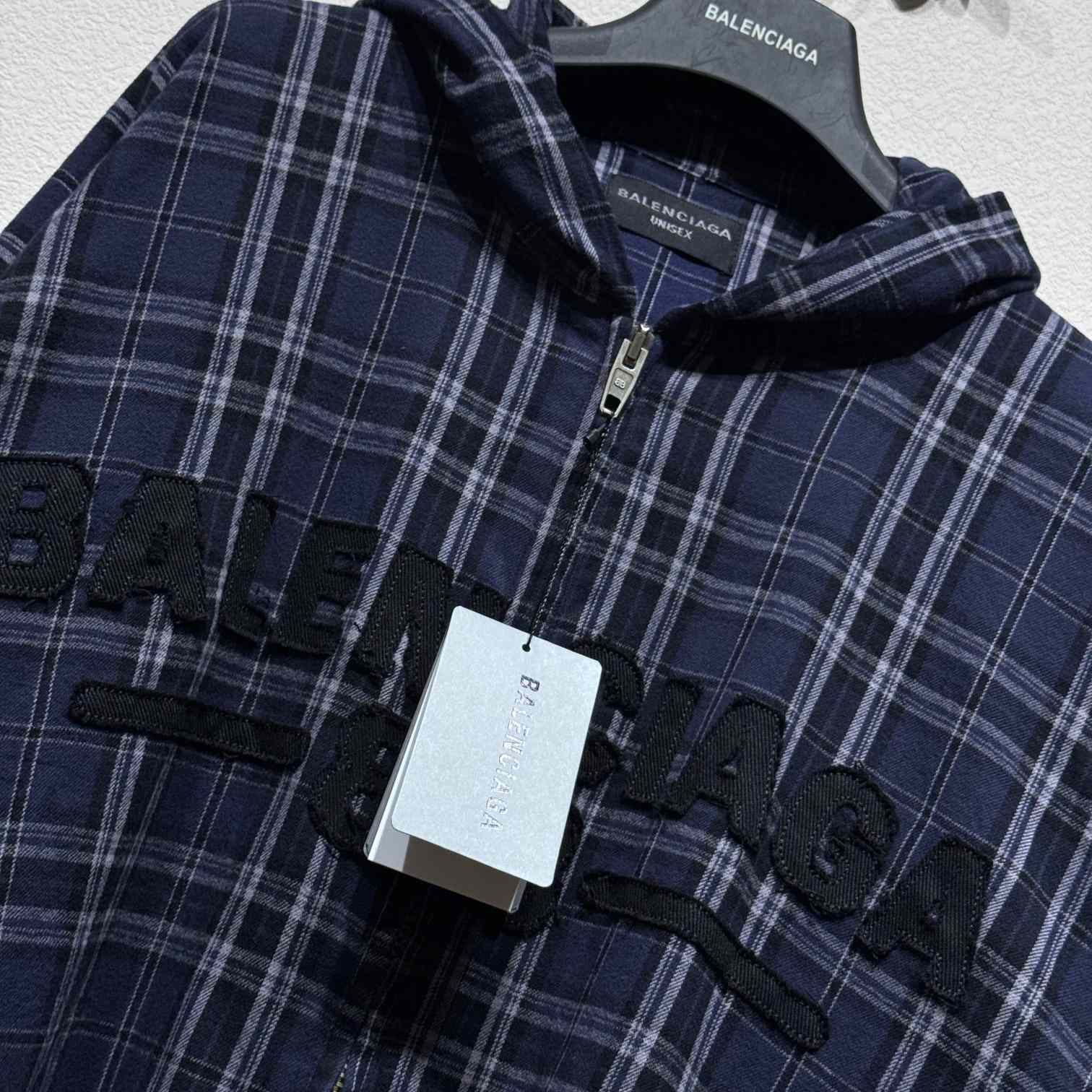 Balenciaga BB Center Logo Blue Check Hood Jacket - DesignerGu
