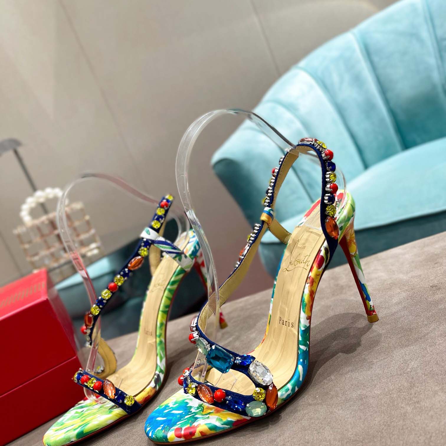 Christian Louboutin Satin Floral Print Slingback Sandals  10cm - DesignerGu