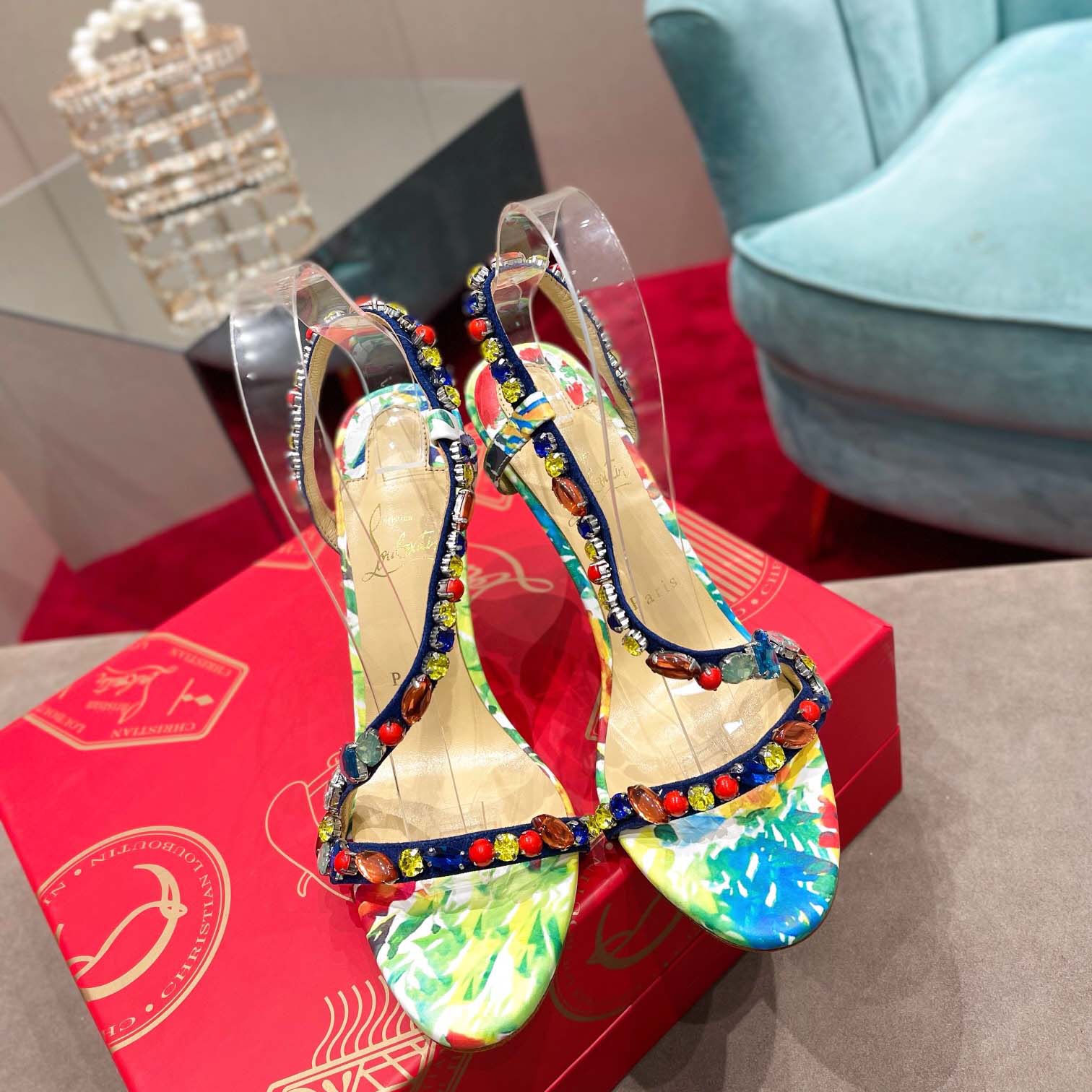 Christian Louboutin Satin Floral Print Slingback Sandals  10cm - DesignerGu