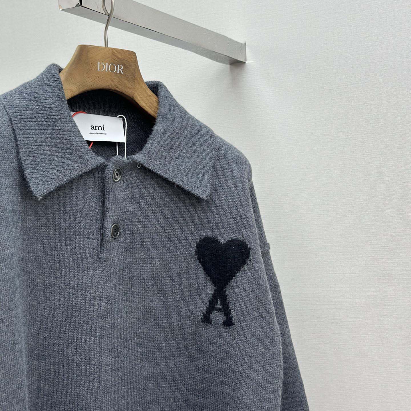 AMI Paris Grey Wool Ami De Coeur Polo - DesignerGu