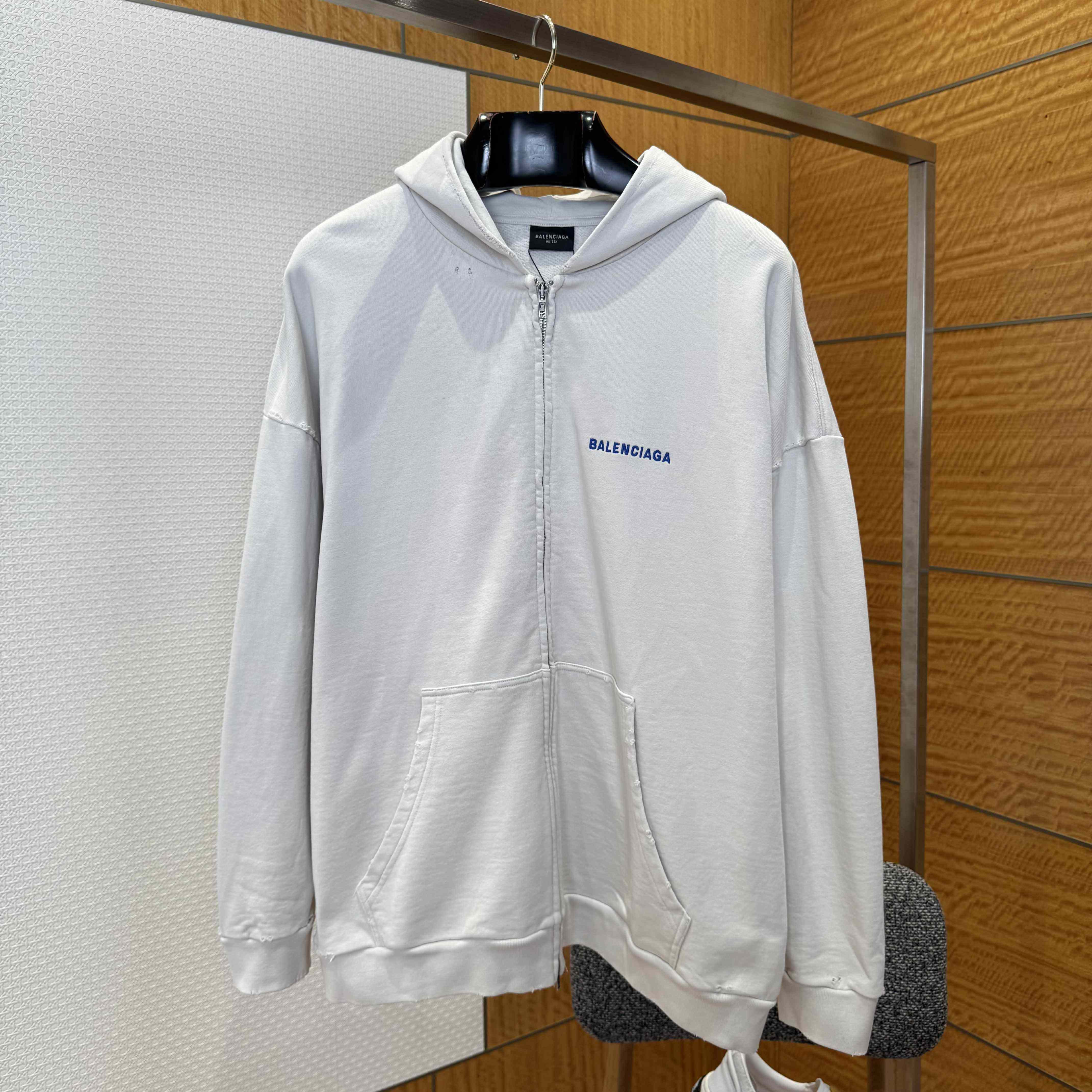 Balenciaga Back Zip-Up Hoodie Regular Fit In Dirty White And Blue Dry Fleece - DesignerGu