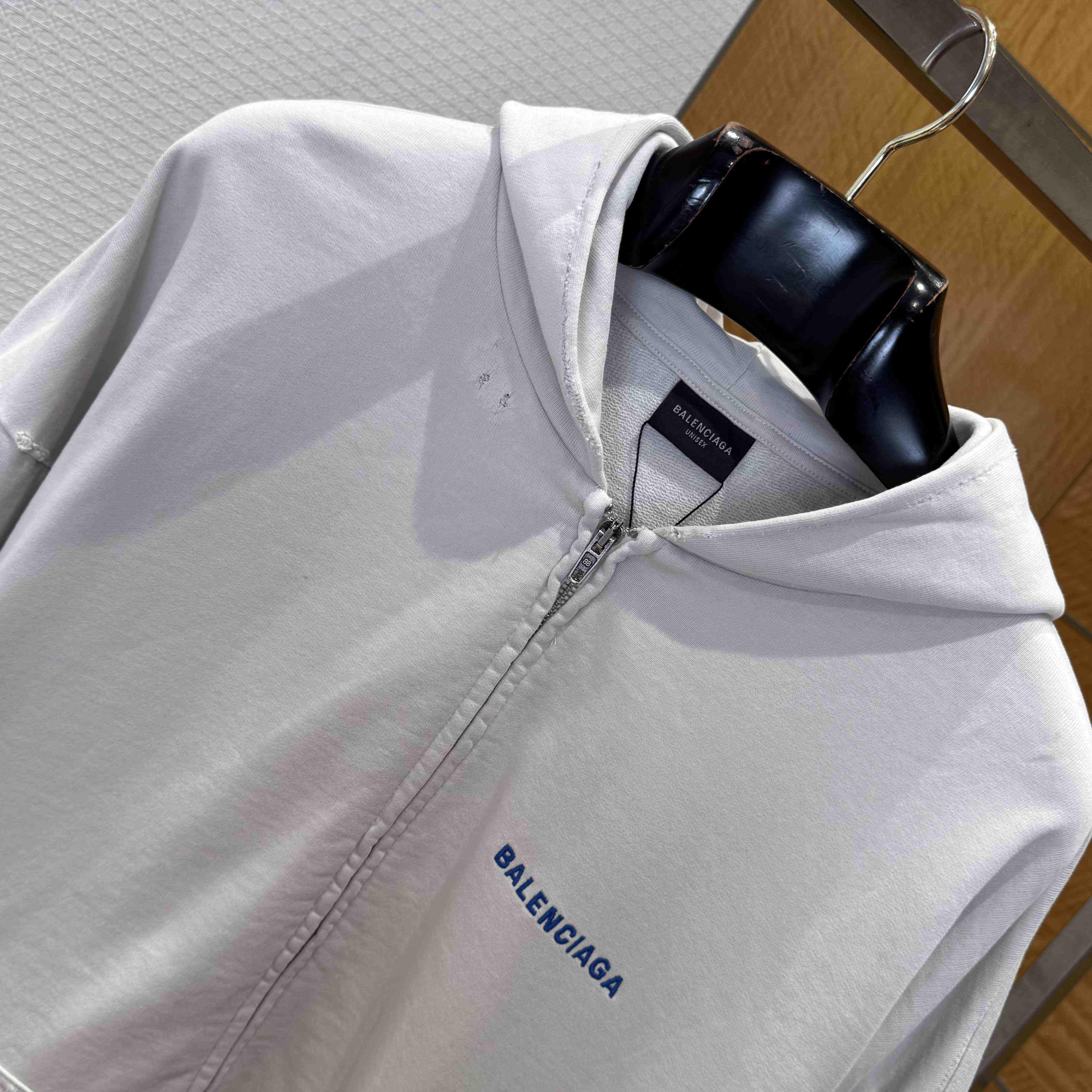 Balenciaga Back Zip-Up Hoodie Regular Fit In Dirty White And Blue Dry Fleece - DesignerGu