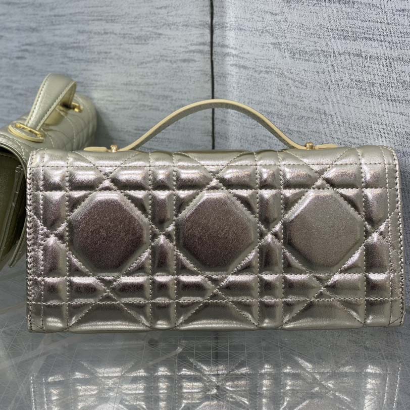 Dior Miss Caro Top Handle Pouch Metallic Pale Gold-Tone Macrocannage Calfskin  - DesignerGu
