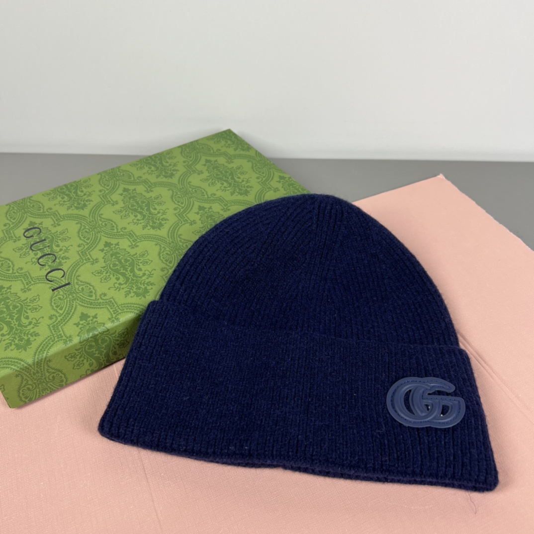 Gucci Cashmere Hat With Patch In Dark Blue - DesignerGu