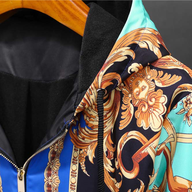 Versace Eros Baroque Printed Blue Golden Zip Up Bomber Jacket - DesignerGu
