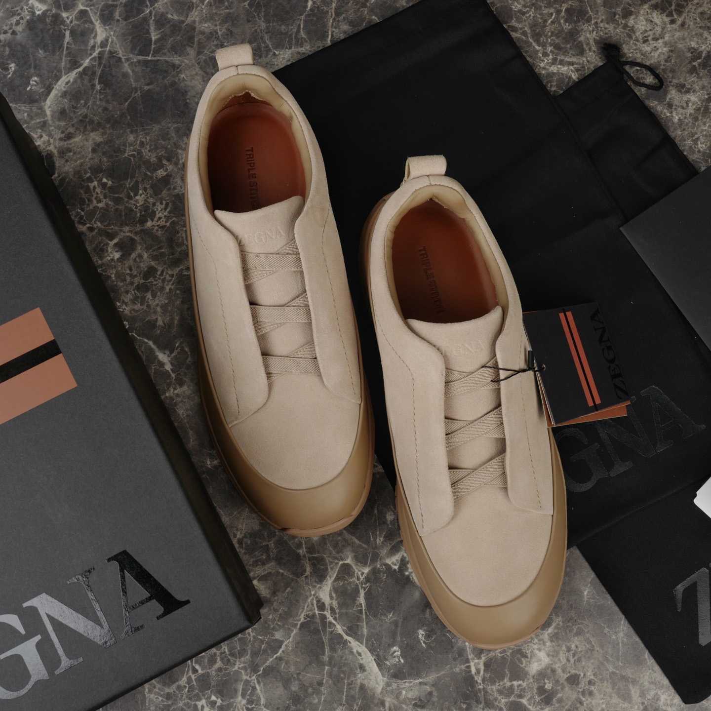 Zegna Light Taupe Leather and Suede Triple Stitch™ Monte Sneakers - DesignerGu