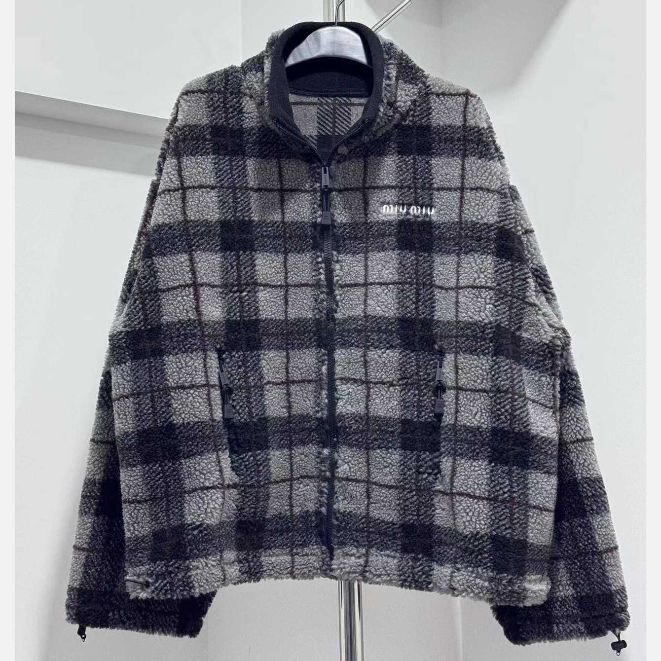 Miu Miu Checked Teddy Zipper Jacket - DesignerGu