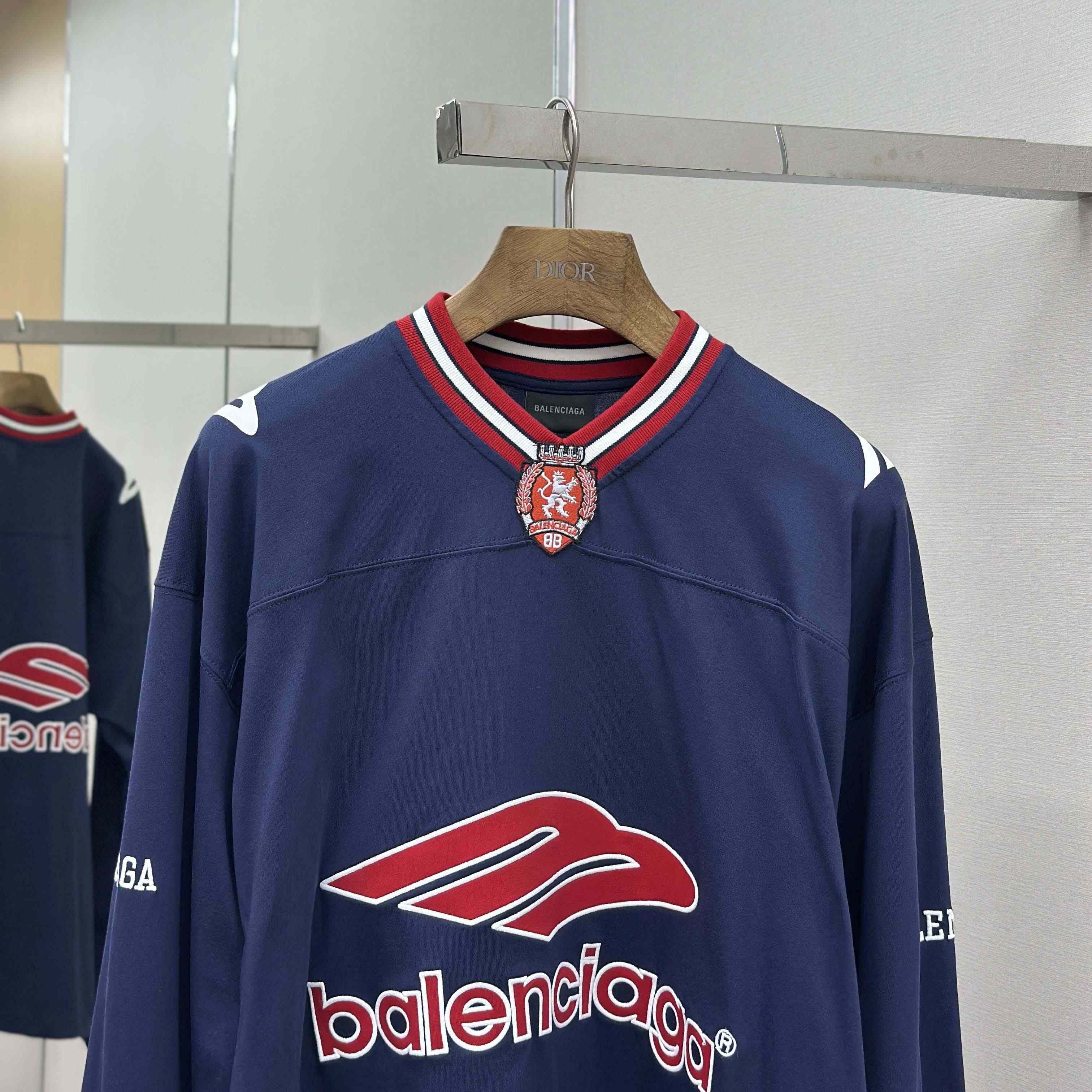 Balenciaga 3B Football Long Sleeve V-Neck T-Shirt In Dark Navy  - DesignerGu