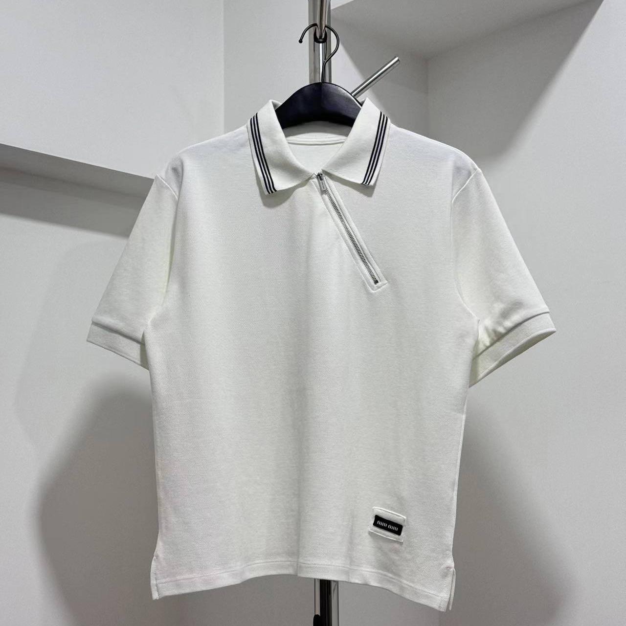 Miu Miu Ribbed Trim Zippered Polo Shirt - DesignerGu