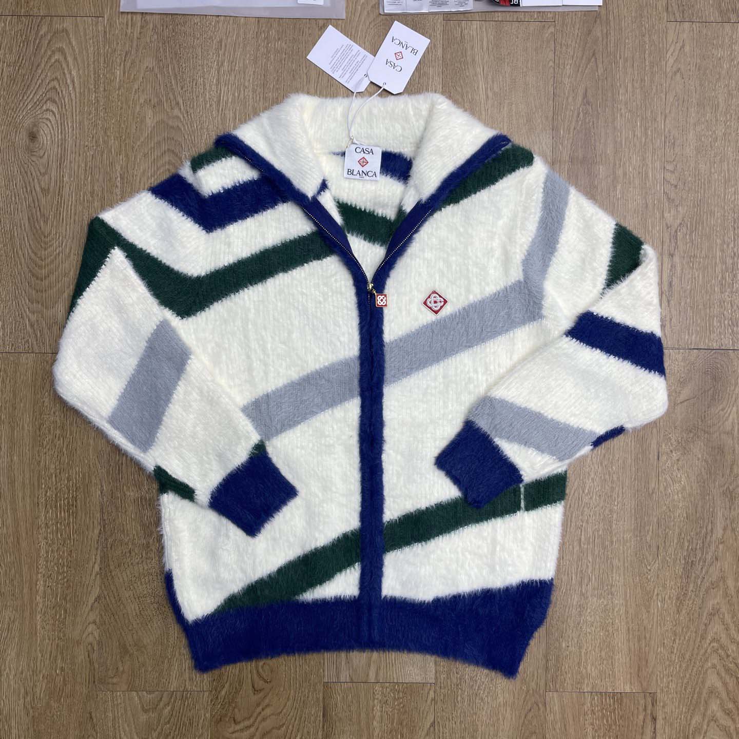 Casablanca Furry Striped Zip Up Jumper 'Blue/Green' - DesignerGu