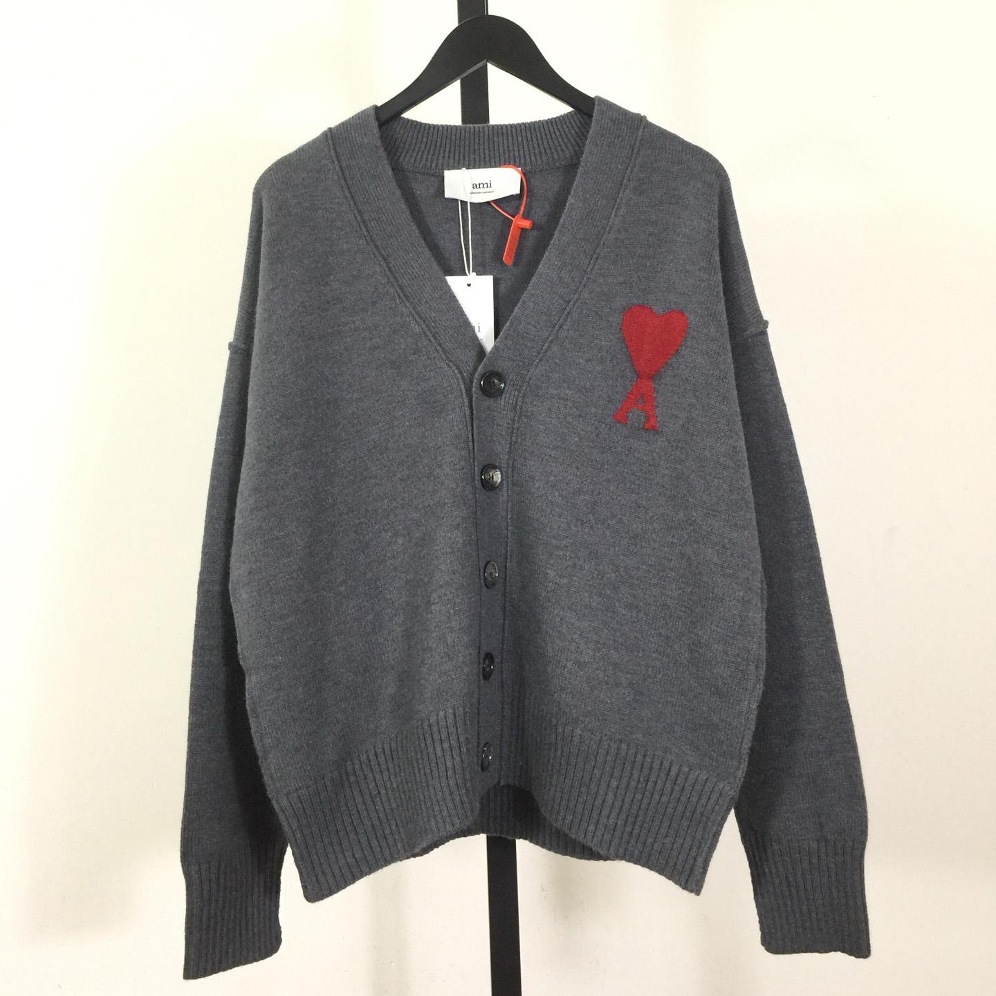 AMI Paris Grey Wool Ami De Coeur Cardigan  - DesignerGu