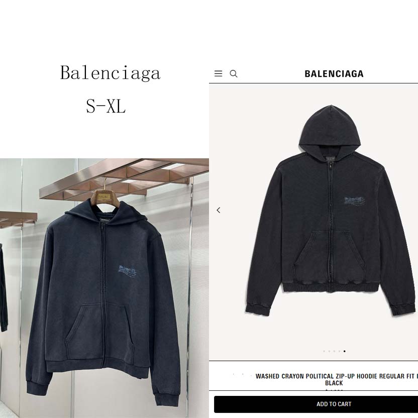 Balenciaga Washed Crayon Political Zip-Up Hoodie Regular Fit In Faded Black - DesignerGu