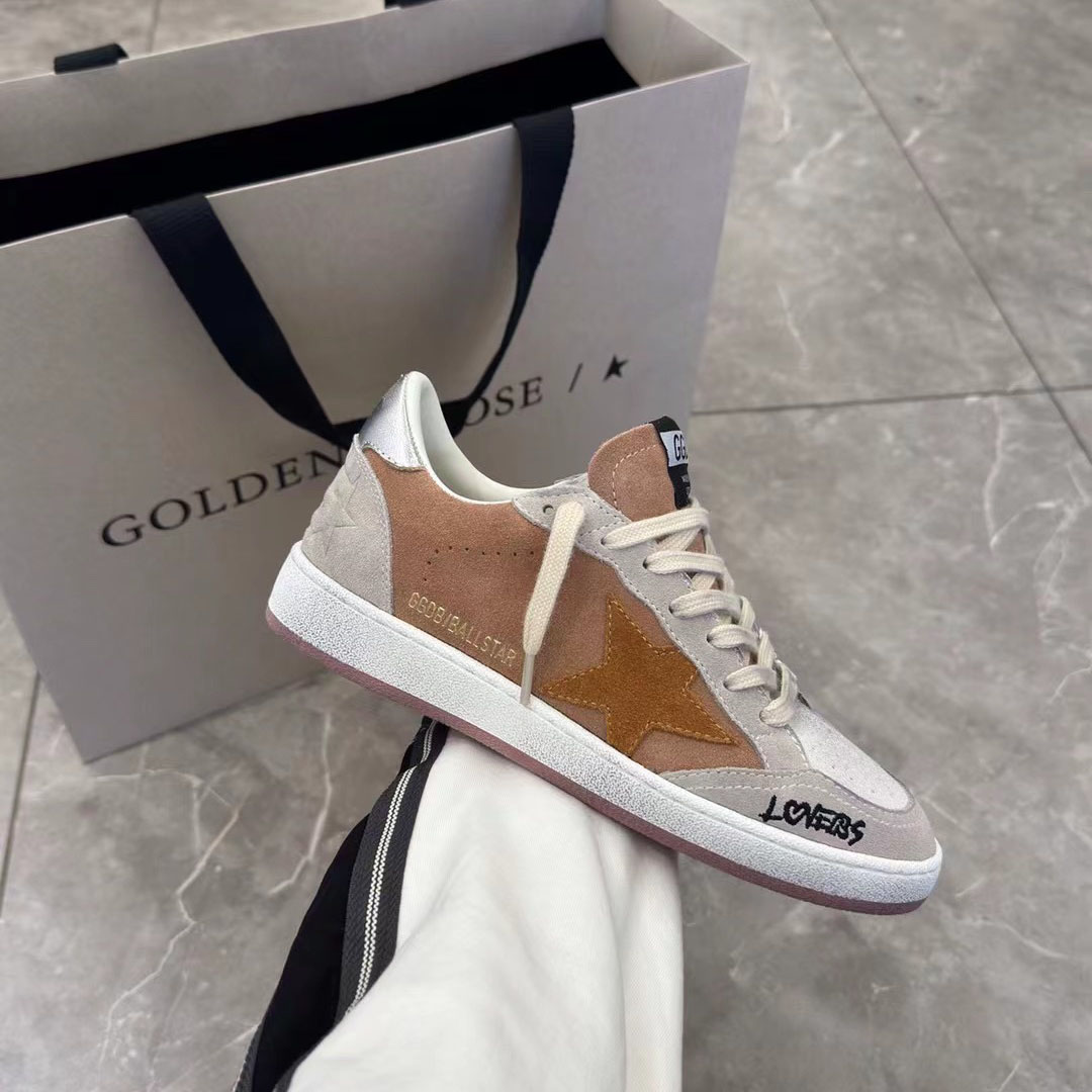 Golden Goose Ball Star in suede with orange star and silver metallic heel tab - DesignerGu