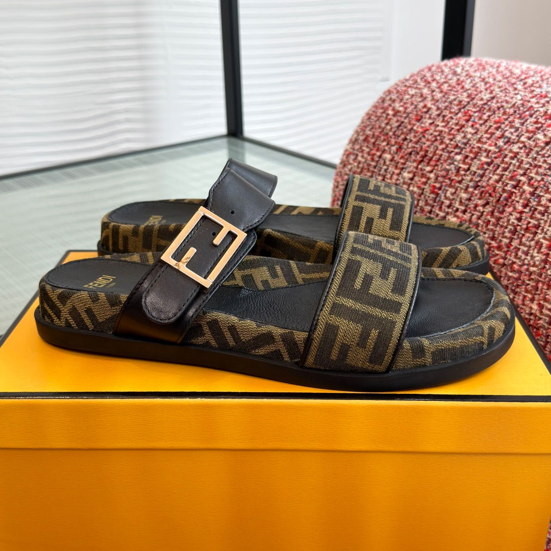 Fendi Black Leather And Brown FF Fabric Slides - DesignerGu