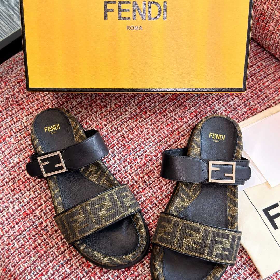 Fendi Black Leather And Brown FF Fabric Slides - DesignerGu