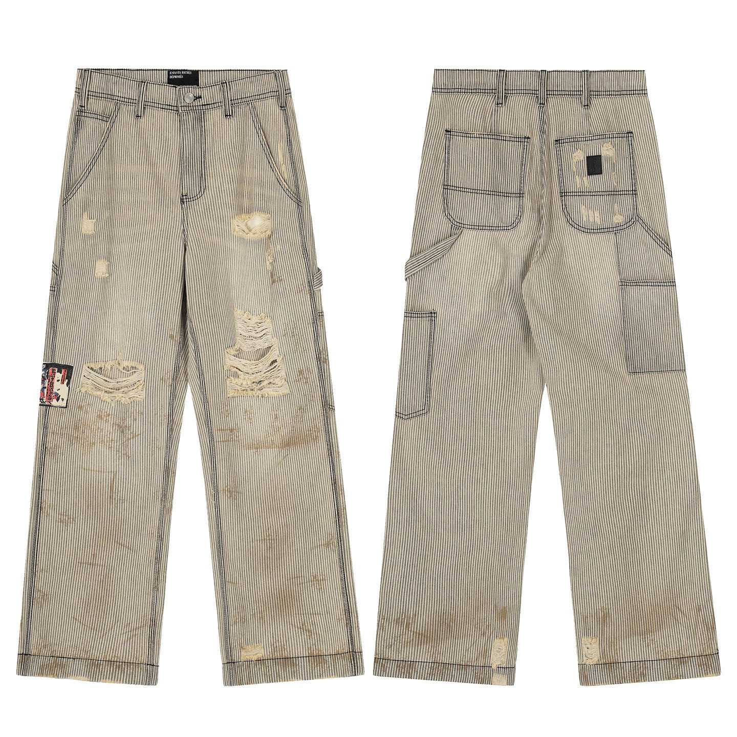 Enfants Riches Déprimés Wide-leg Striped Paint-splattered Distressed Denim Trousers - DesignerGu