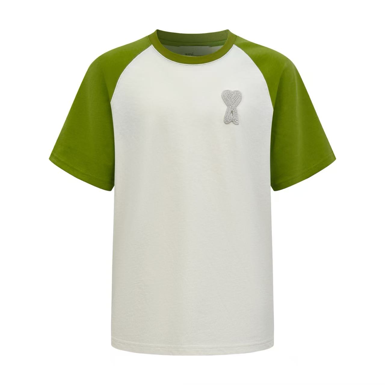 AMI Paris White And Green Cotton Ami De Coeur Knitted Patch T-shirt - DesignerGu