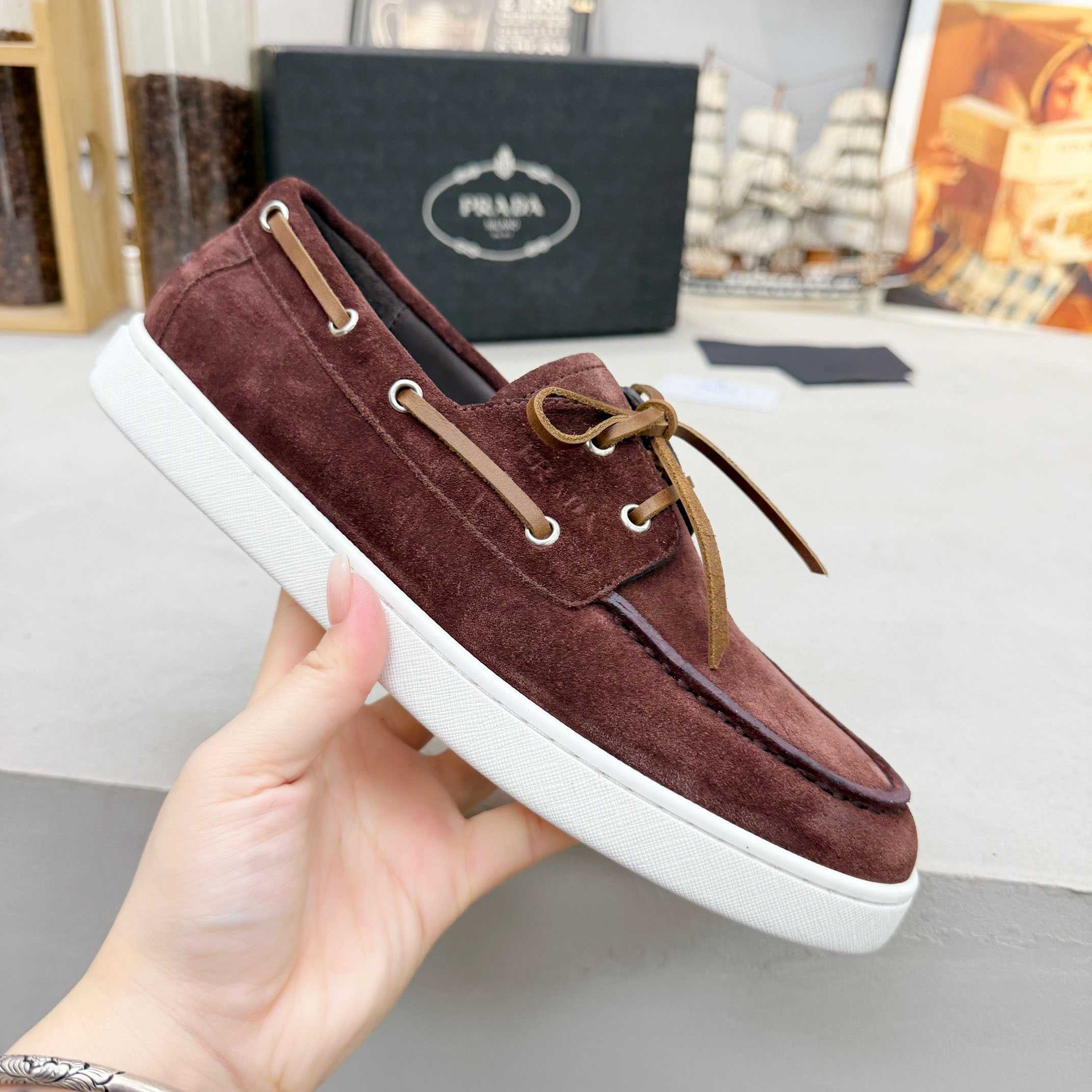 Prada Suede Boat Shoes With Laces - DesignerGu