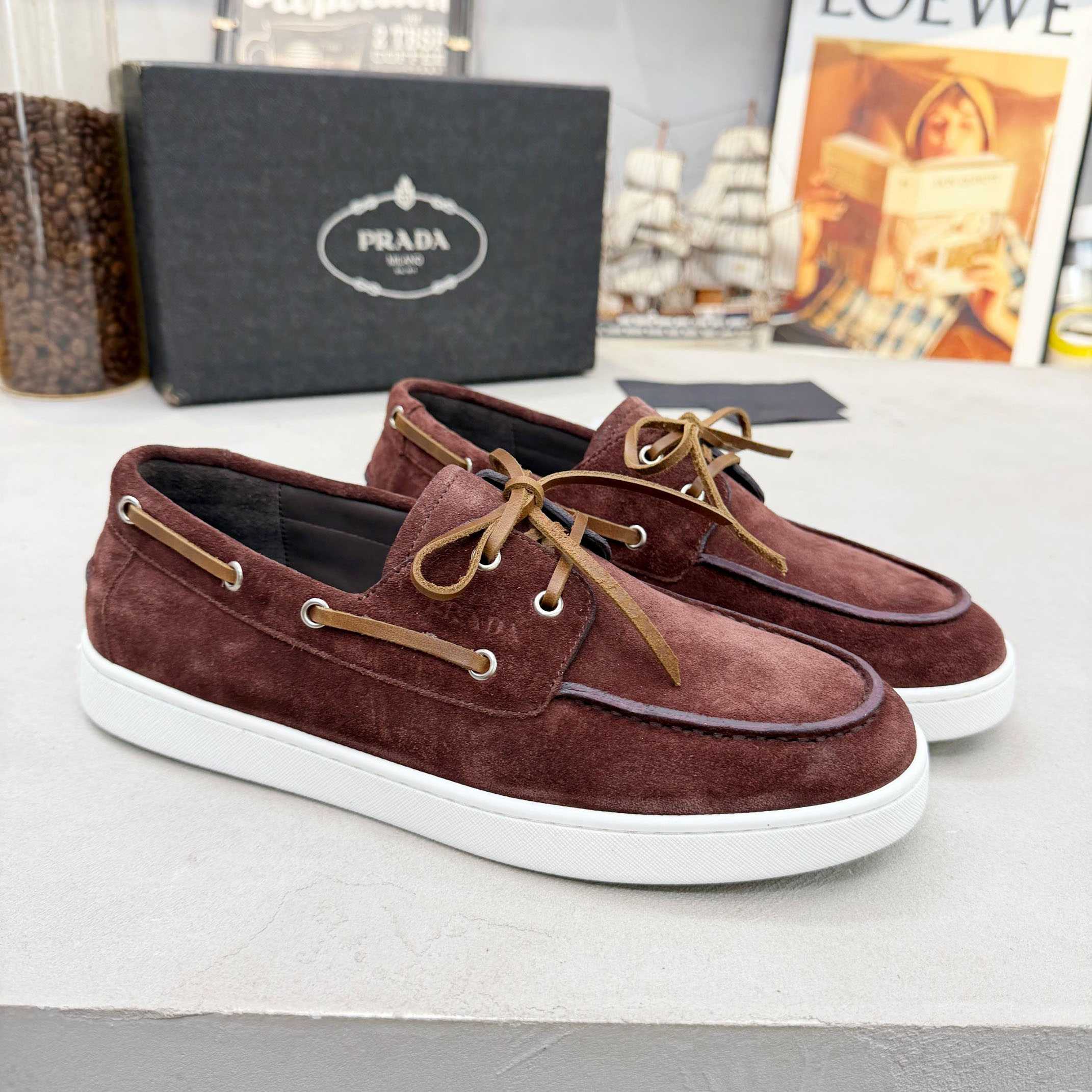 Prada Suede Boat Shoes With Laces - DesignerGu