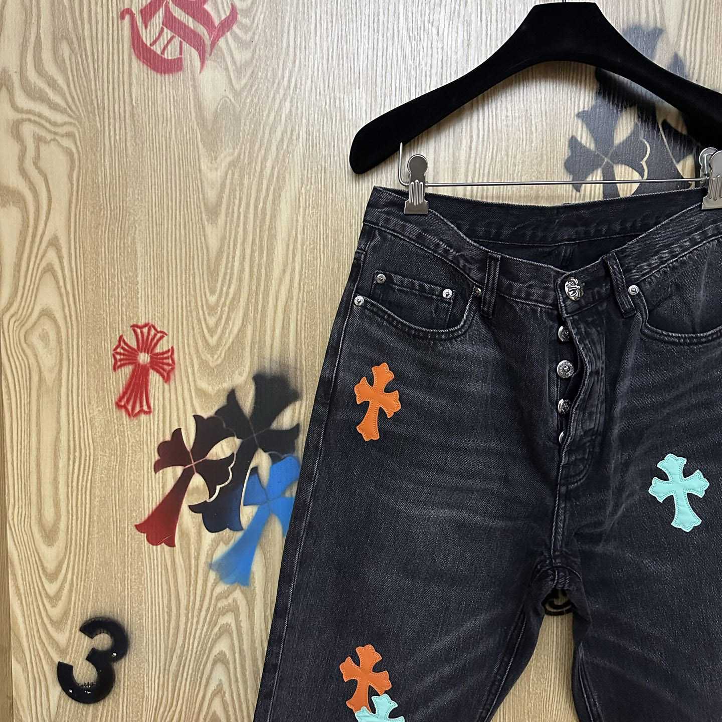 Chrome Hearts Levi's 501 Orange&Green Miami Cross Leather Patch Black Jeans - DesignerGu