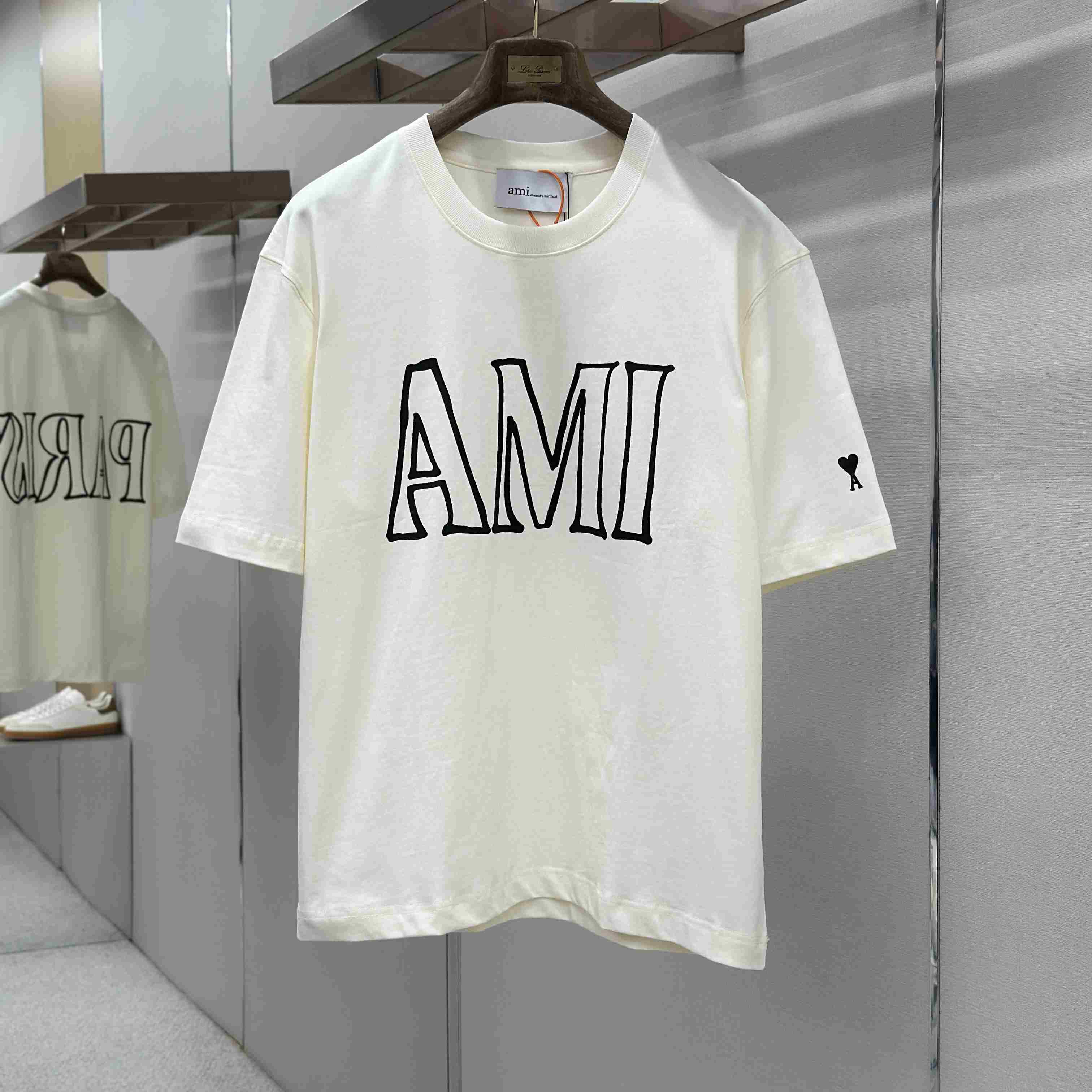AMI Paris White Cotton Ami Paris Print T-shirt - DesignerGu