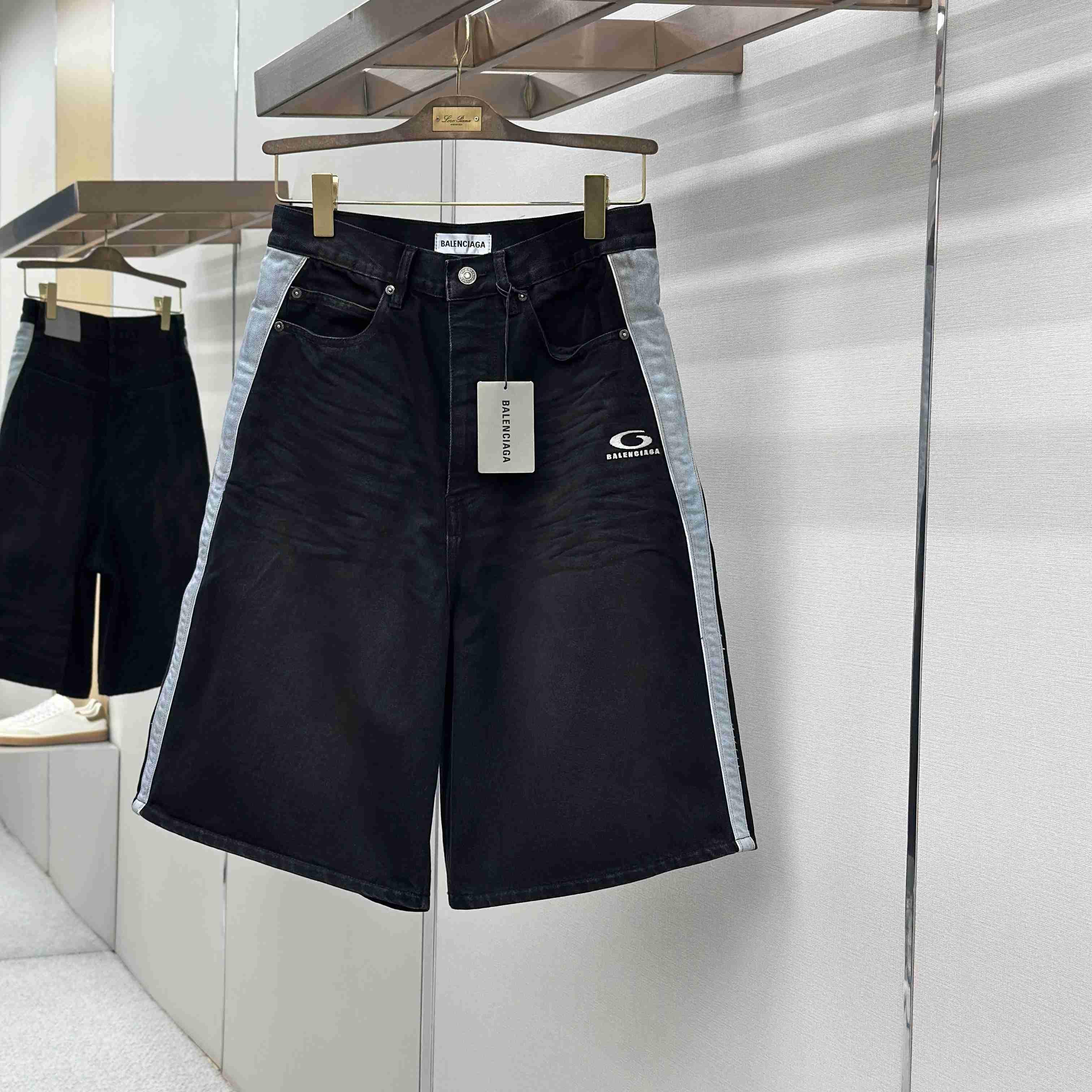 Balenciaga Piping Detail Denim Shorts In Black/Dark Brown - DesignerGu