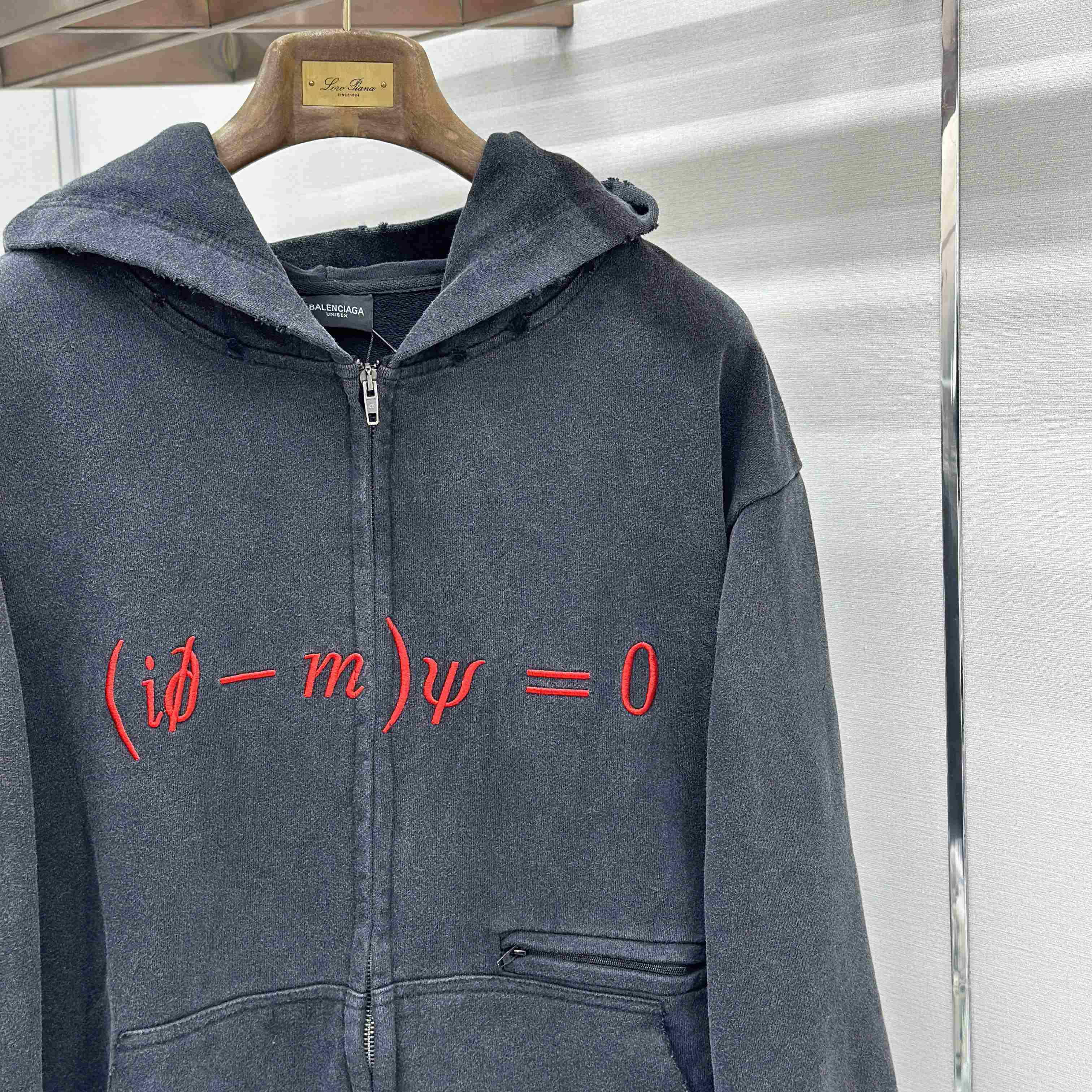 Balenciaga Dirac Equation Pulled Large Fit Zip-up Hoodie In Washed Black/Red - DesignerGu