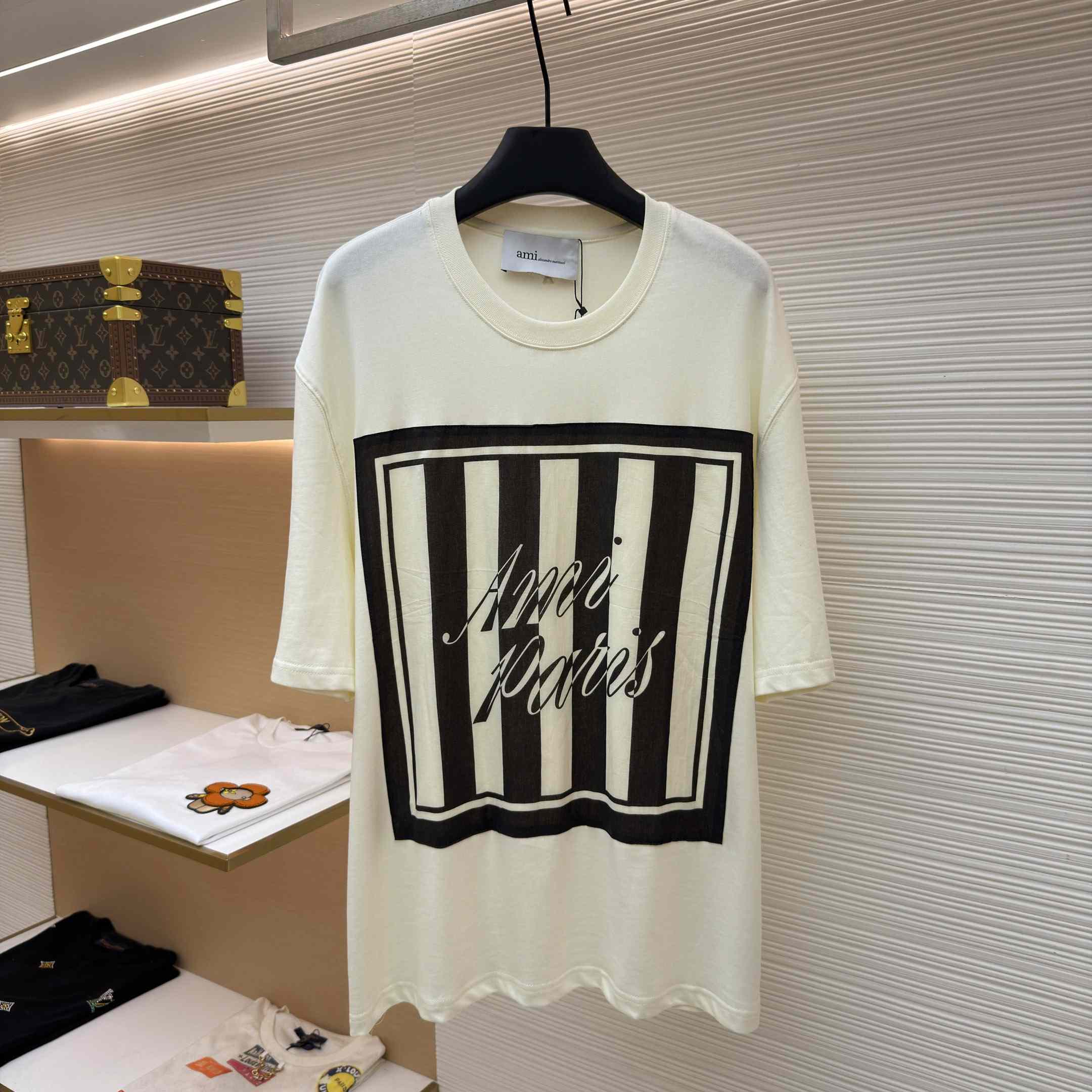 AMI Paris Logo-Print Striped-Patch T-shirt - DesignerGu