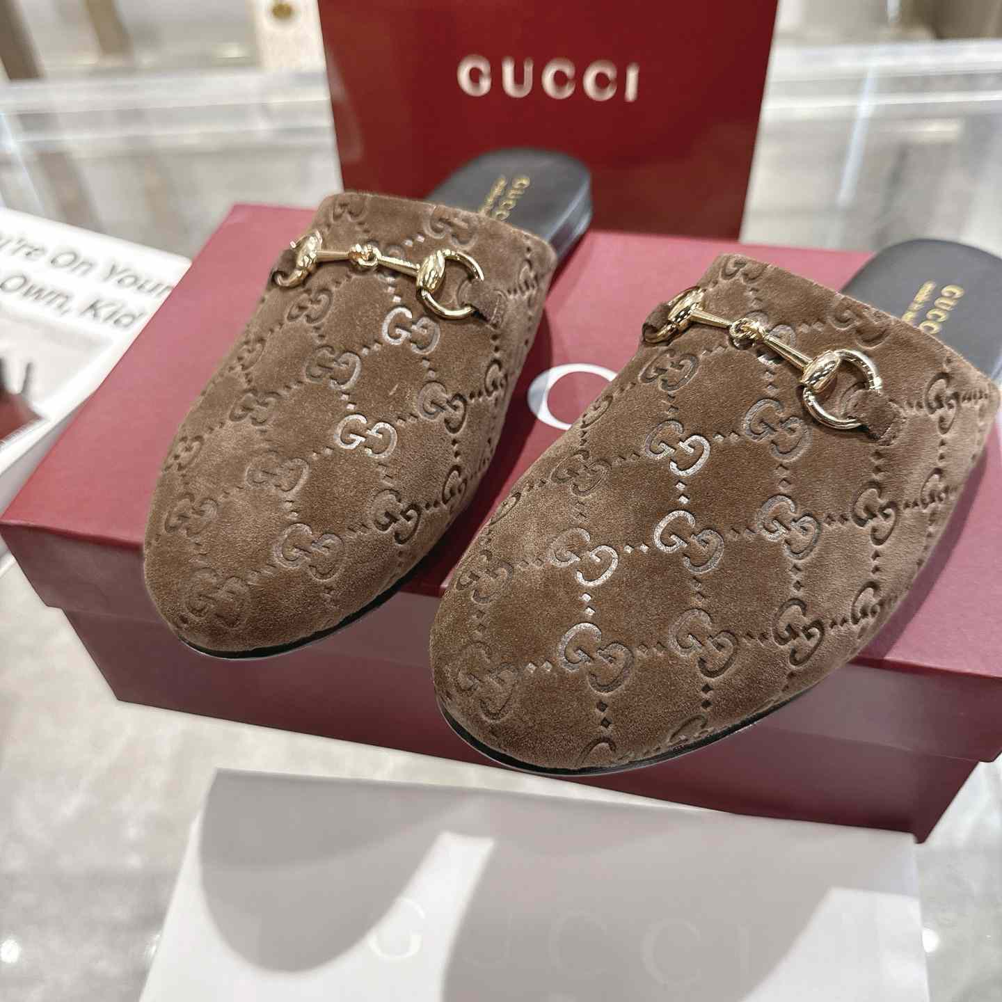 Gucci   Lucy Logo Suede Mule Loafers - DesignerGu