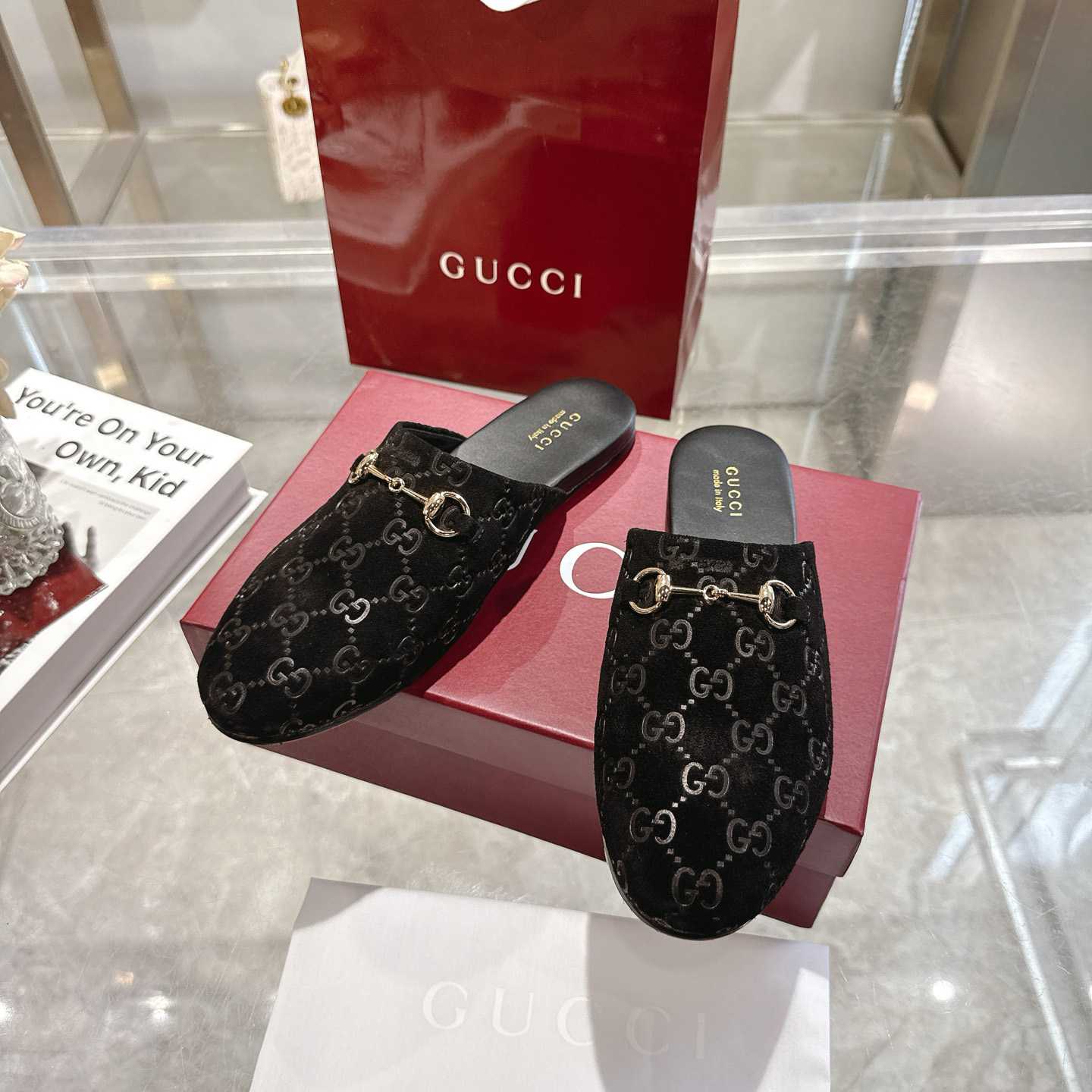 Gucci   Lucy Logo Suede Mule Loafers - DesignerGu