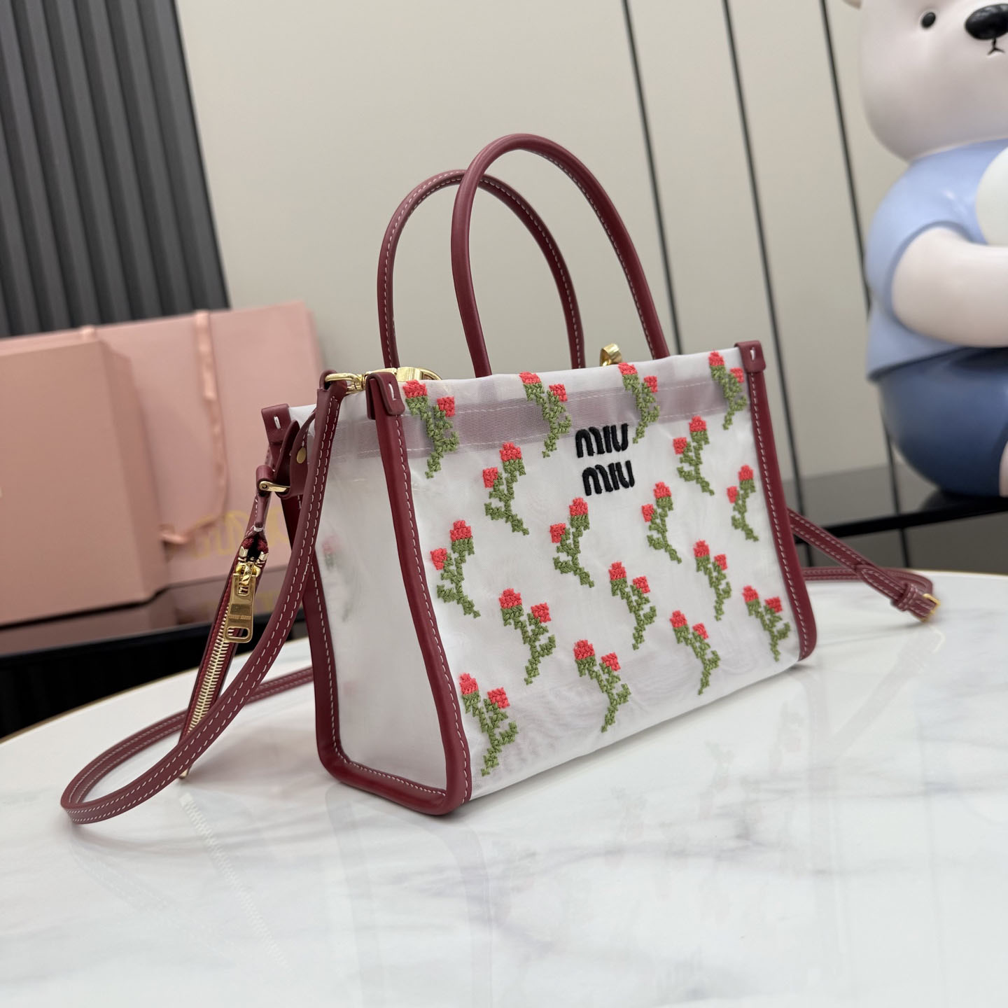 Miu Miu Embroidered Mesh Top-Handle Bag - DesignerGu